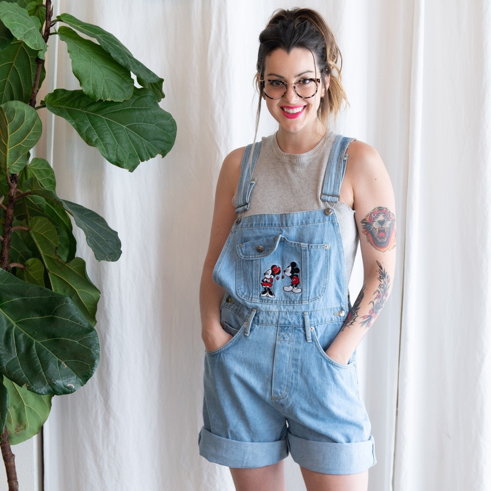 Vintage Disney Light Blue Denim Mickey & Minnie Jean Shorts Overalls